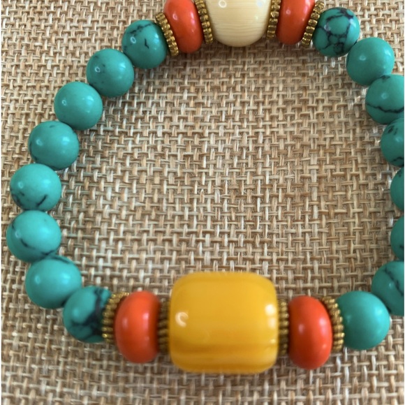 Turquoise Coral Honey Wax Bead Boho Stretch Bracelet - Picture 2 of 3